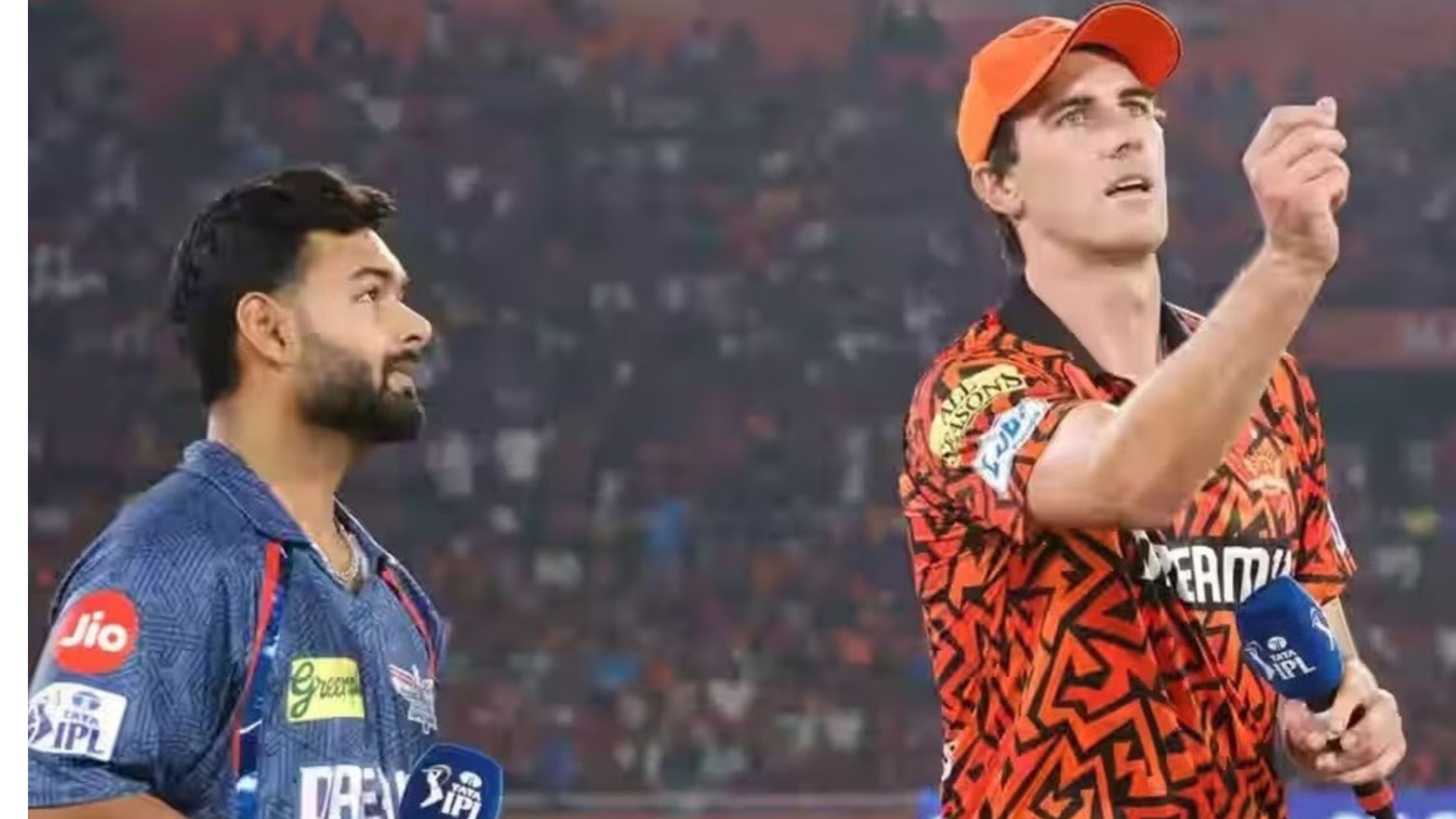 LSG vs SRH IPL 2025 Match 61 prediction thumbnail showing both teams at the toss in a stadium.